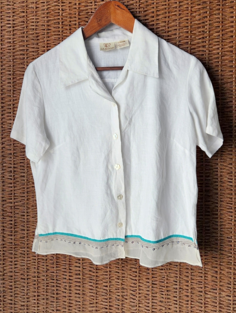 LA Blend Linen Boxy Button Up Collared Shirt Womens XS White Silk Trim Oversized